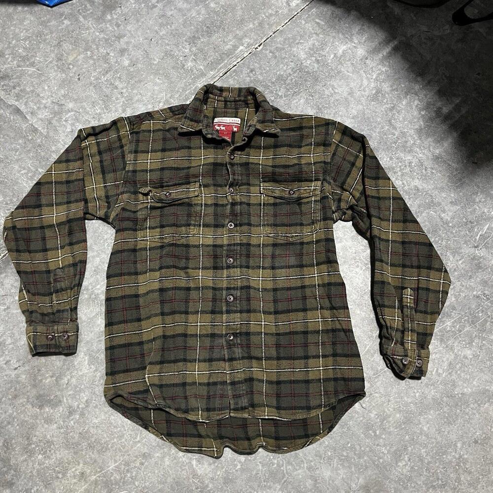Caribou Creek Green Mens Flannel Button Shirt Large tall 100% cotton